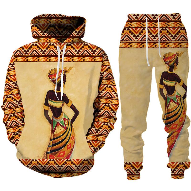 Frühling Herbst Sweatshirt Set 3D Druck Afrikanischen Ethnischen Stil männer Hoodie + Hosen Zwei Stück Lose Langarm Trainingsanzug kleidung