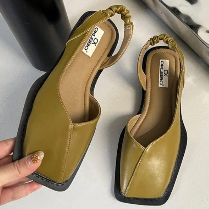 Womens Summer Elegant Sandals Elastic Band Flat Heel Shallow Party Shoes Square Heel Square Toe Ladies