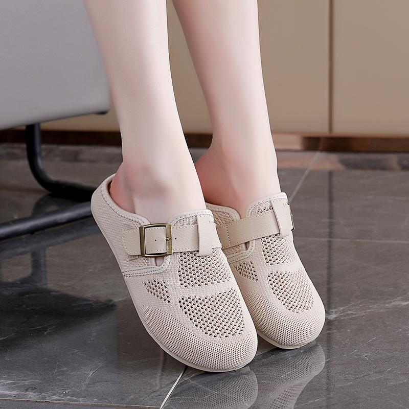 Fashion Round Head Flat Sandals Summer New Bao Head Deep Mouth Mesh Cloth Breathable Metal Buckle Soft Sole Non-slip Slippers