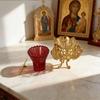 Gold Plated Orthodox Catholic Vigil Lamp with Cross Carvings and Red Glass Cup for Church Liturgy Home Altar Devotion Christian