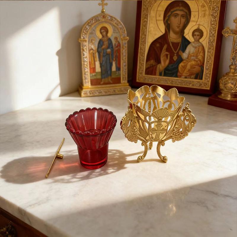 Gold Plated Orthodox Catholic Vigil Lamp with Cross Carvings and Red Glass Cup for Church Liturgy Home Altar Devotion Christian