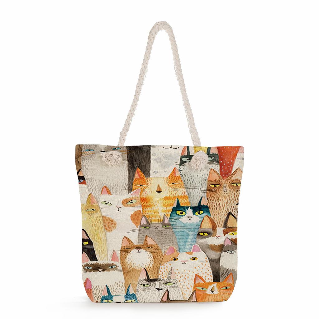 Cartoon Cat Group Print Thick Rope Single-shoulder Beach Bag 7253 KTB