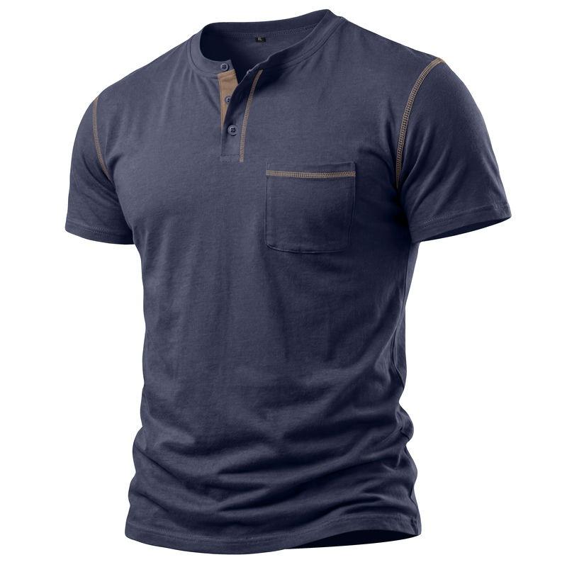 Herren Kontrastnähte Henley-Kragen Kurzarm T-Shirt Mit Brusttasche