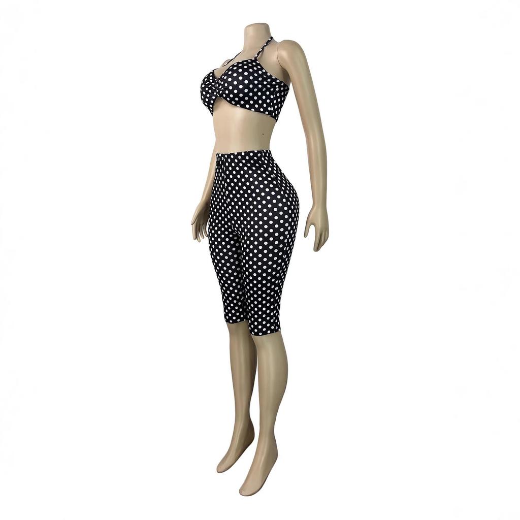 HR26103 Women's Halter Bandeau Polka Dot Two-Piece Set with Tight Five-Point Pants
