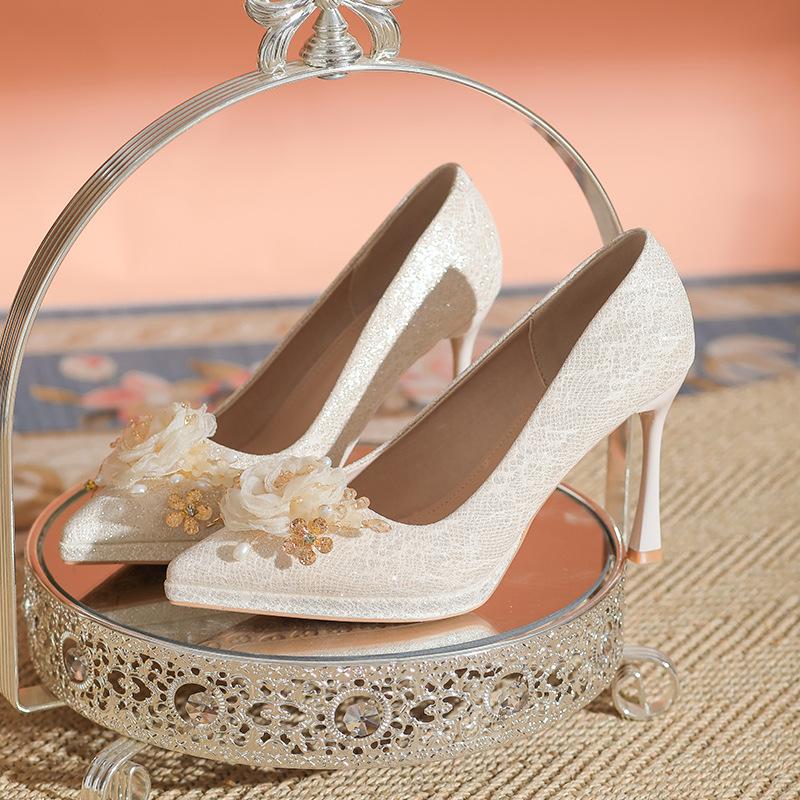 

Туфли на высоком каблуке с цветком из страз шампанского для женщин, для невысоких, супер высокий каблук, водонепроницаемая платформа, свадебное платье, свадебные туфли можно носить ежедневно 34