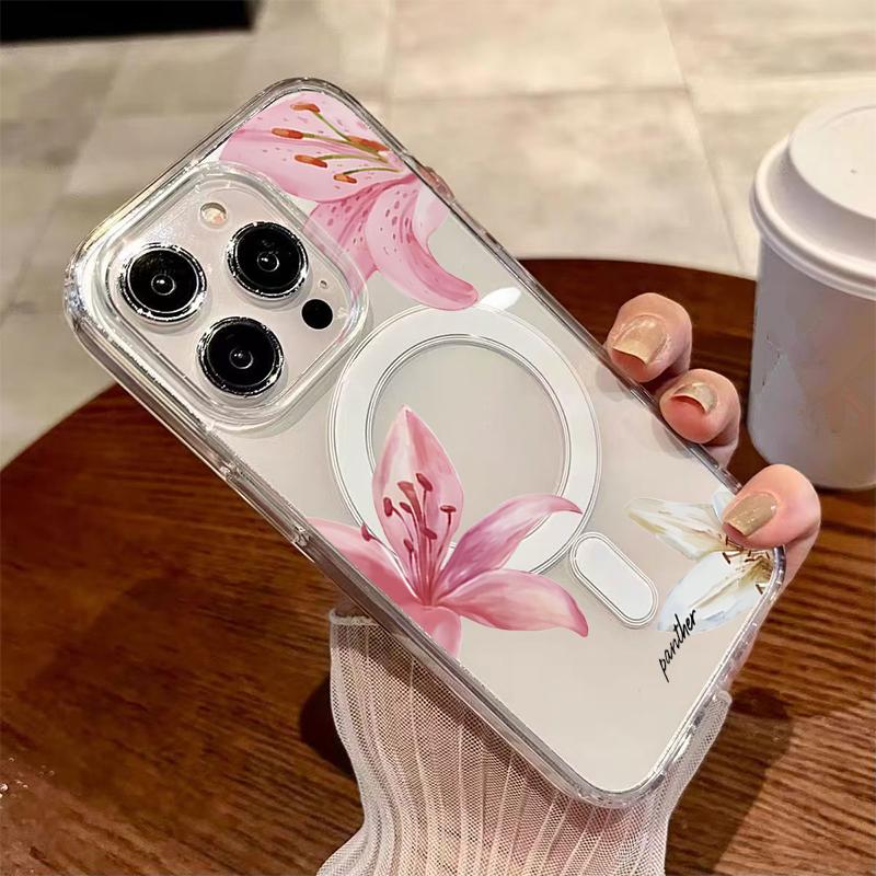 Floral Lily Orchid Pattern Magnetic Phone Case For iPhone 17 Pro 16 15 14 13 12 11 17 Pro Max 7 8 Plus 16E 17 Air Clear Cover