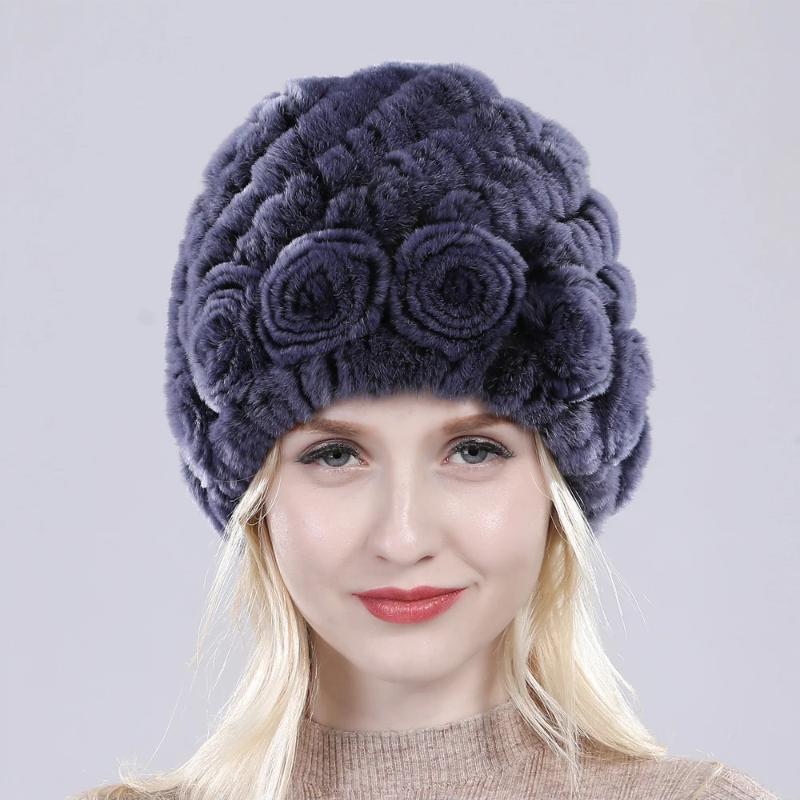 Hot Sell Women Winter Knitted Real Rex Rabbit Fur Hat Fluffy Natural Rex Rabbit Fur Cap Lady Good Elastic Genuine Fur Hats