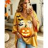 Halloween Printed T-shirt, Pumpkin Lantern Ghost T-shirt, Plus Size Women's V-neck Bat Sleeve Seven Quarter Sleeve Casual Top