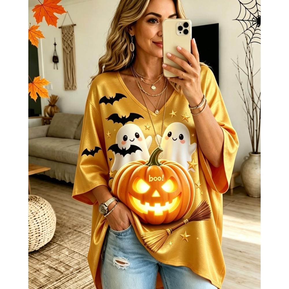 Halloween Printed T-shirt, Pumpkin Lantern Ghost T-shirt, Plus Size Women's V-neck Bat Sleeve Seven Quarter Sleeve Casual Top