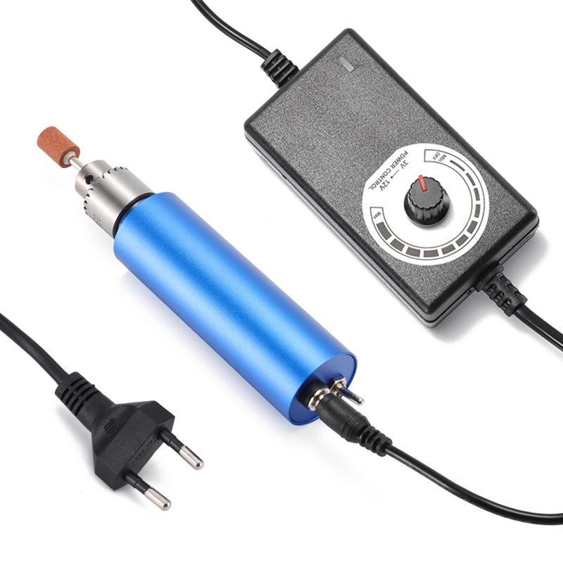 Modrá kovová mini elektrická bruska s britskou a americkou zástrčkou, 12V2A plynule nastavitelná rychlost, ruční malá elektrická vrtačka.