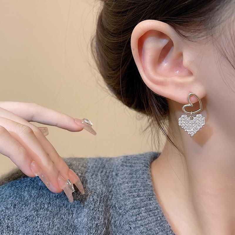 Sterling Silver Love Earrings with Full Diamond Design - Elegant and Versatile Women's Fashion Jewelry.