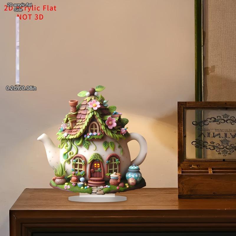 Decorazione Desktop Acrilica Piatta 2D, Incantevole Casa Teiera, con Base, Adatta per Decorazione Murale, Portico, Stanza, Villa, Accenti Casa, Corridoio, o Lavoro