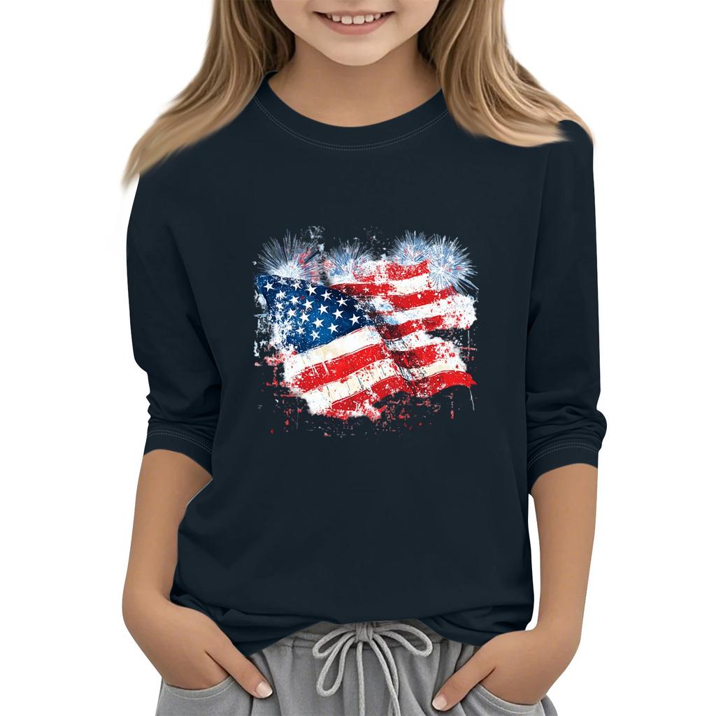 Kinder-T-Shirt mit Rundhalsausschnitt, Dreiviertelärmeln und Dreiviertelärmeln zum Unabhängigkeitstag