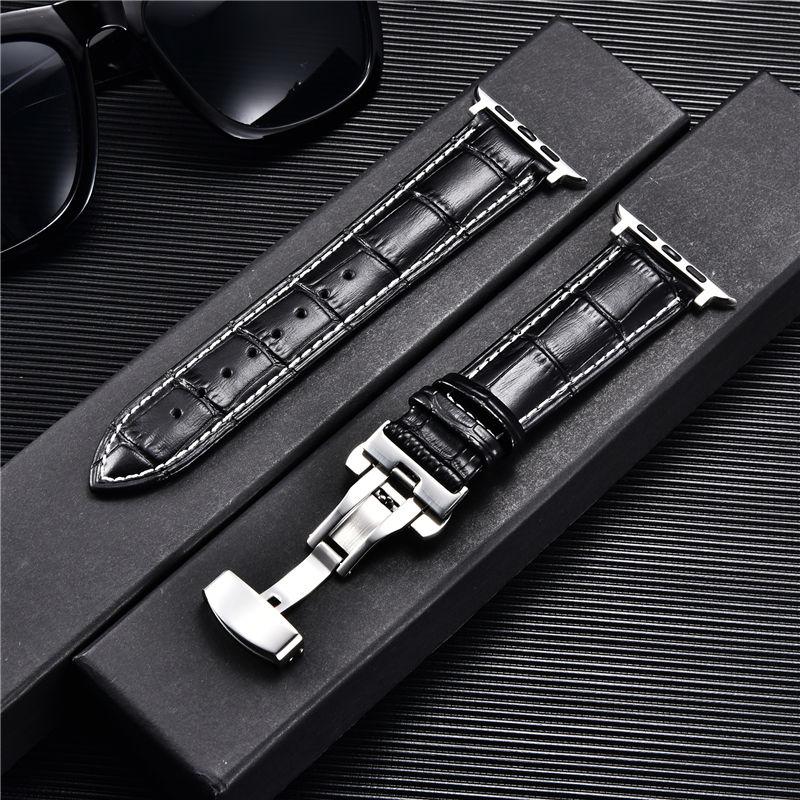 Watchband Bamboo Grain Pattern Leather Straps for Apple Watch Ultra 9 8 7 6 5 4 3 SE Butterfly Buckle Watchband 38 40 41mm 42 44 45 49mm