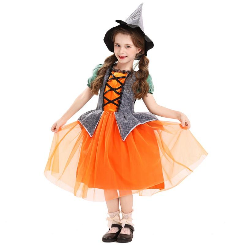 Girls Halloween Pumpkin Witch Dress Mesh Party Costume Kids Role Play Performance Outfit 110-160