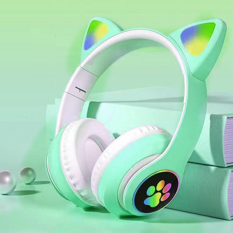 

Headset Bluetooth Headset Cat Ear Heavy Bass Sports Luminous Wireless Card Headset зелений