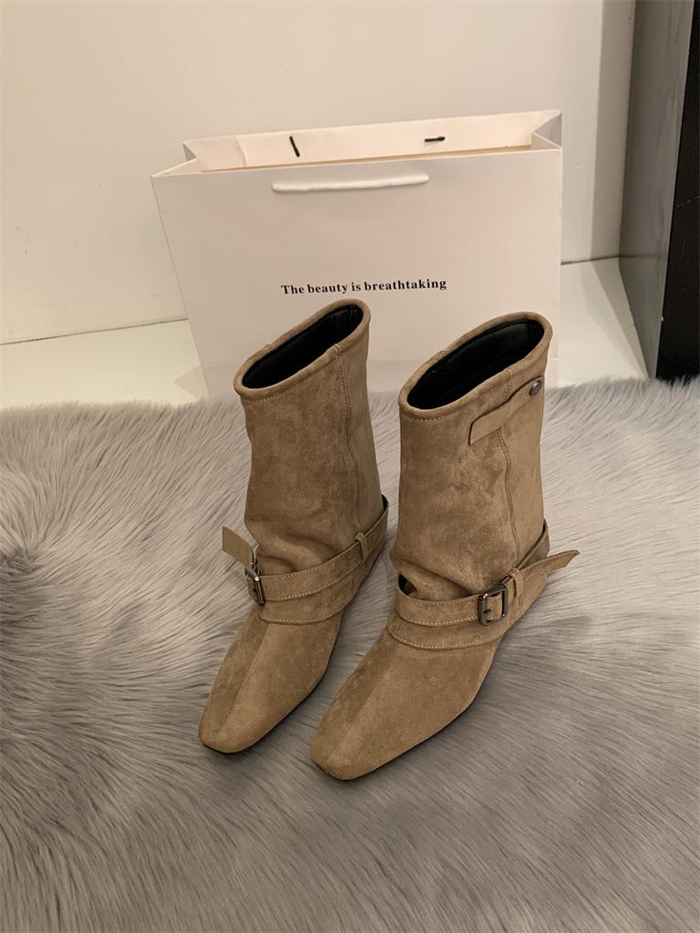 Cowhide~ Autumn and Winter Retro Tube Pants Tube Boots Square Head Short Boots Women's Fashionable Versatile Fashion Boots Sleeve Martin Boots