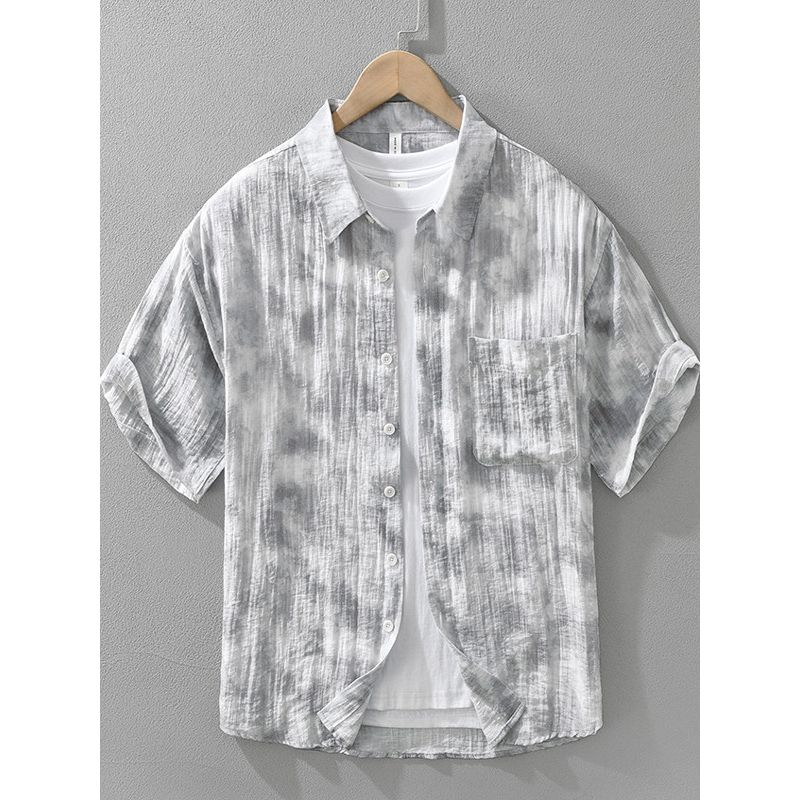 Summer Fresh Ice Silk Linen Short sleeve Shirts Men's Loose Casual Print Beach Cotton and Linen Shirt Quick-Drying Thin