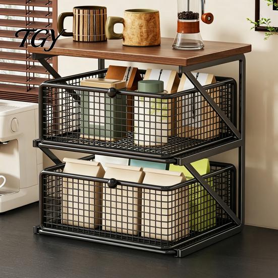 Compact Coffee Organizer Station with Drawer, Tiered Bar Organizer, Wooden Top Shelf, Desktop Storage Shelf Wire Mesh Drawers for Tea Bags, Capsules,