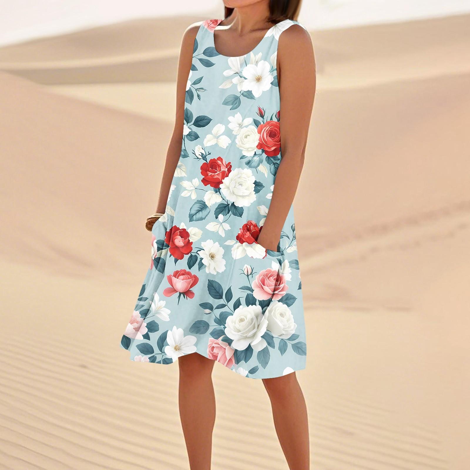 

Print Dresses For Women Loose Beach Vacation Casual Sleeveless Sundresses With Pockets Tank Dress S рожевий