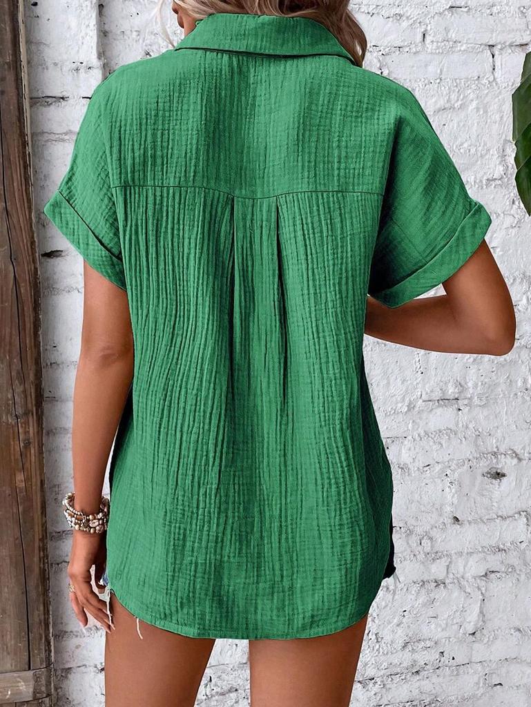 2024 Summer Women's Casual Solid Color Crinkle Fabric Batwing Sleeve Button-Down Shirt