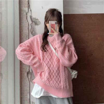 Korean Sweater Pullover Loose Diamond Fried Dough Twist Sweater Women Casual Autumn and Winter O Neck Long Sleeve Sweater Top