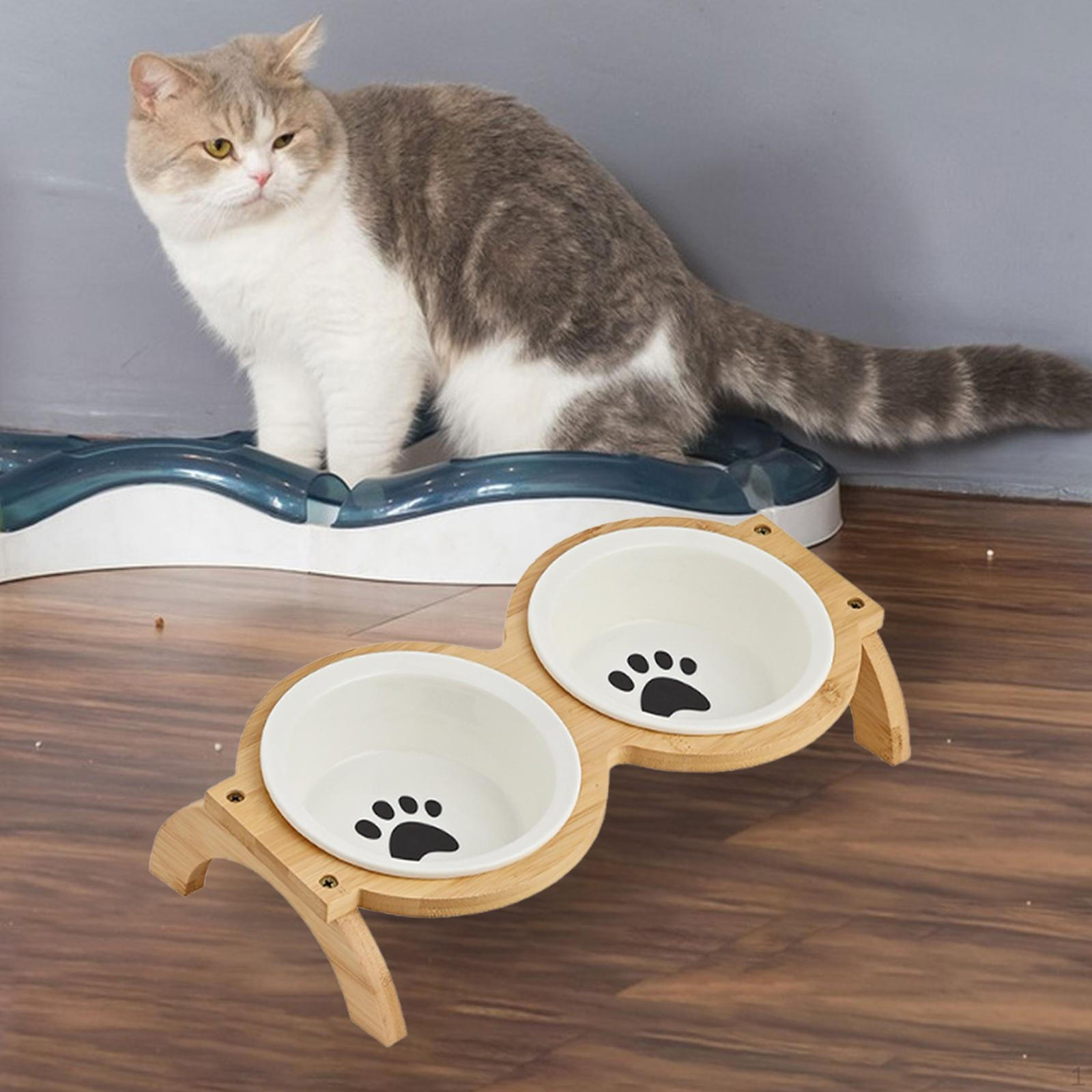 

Керамические высокие миски для кошек, приподнятая станция кормления с деревянной миской для еды и воды, кормушка для домашних животных cat footprint