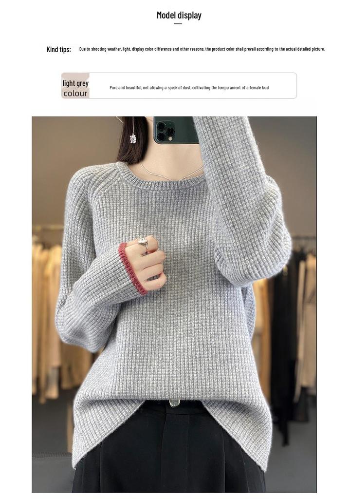 Women's Slim-Fit Color-Block Waffle Knit Wool Sweater - Stylish, Age-Reducing, Thickened Round Neck Base Layer Sweater, New Arrival
