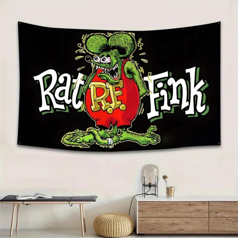 VIKAMA Décoration de Garage Hot Rod Rétro Avec Personnage Mouse Fink Grotte d'Homme Fête Événement de Voiture Bannière Tapisserie Murale Décoration Moderne