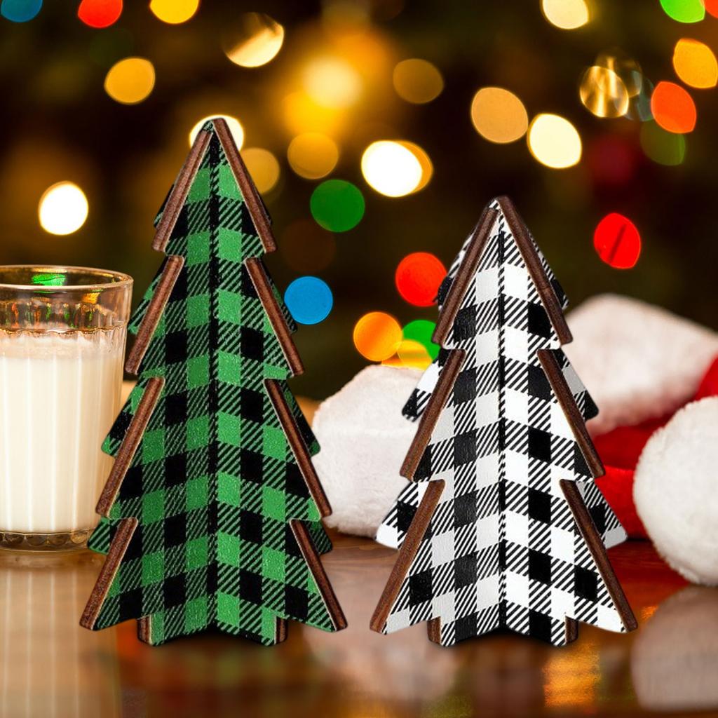 3 Pieces Christmas Decor Plaid Christmas Tree Decorations Set Of, 3D Wooden Tabletop Trees, 5.5 Inch Height, Holiday Home Decor (Plaid Style)