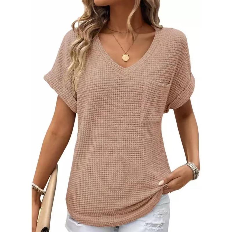 TIFICY Damenmode, lässig, Sommer, Frühling, einfarbig, bedruckt, kurzärmelig, V-Ausschnitt, Blusen und Hemden