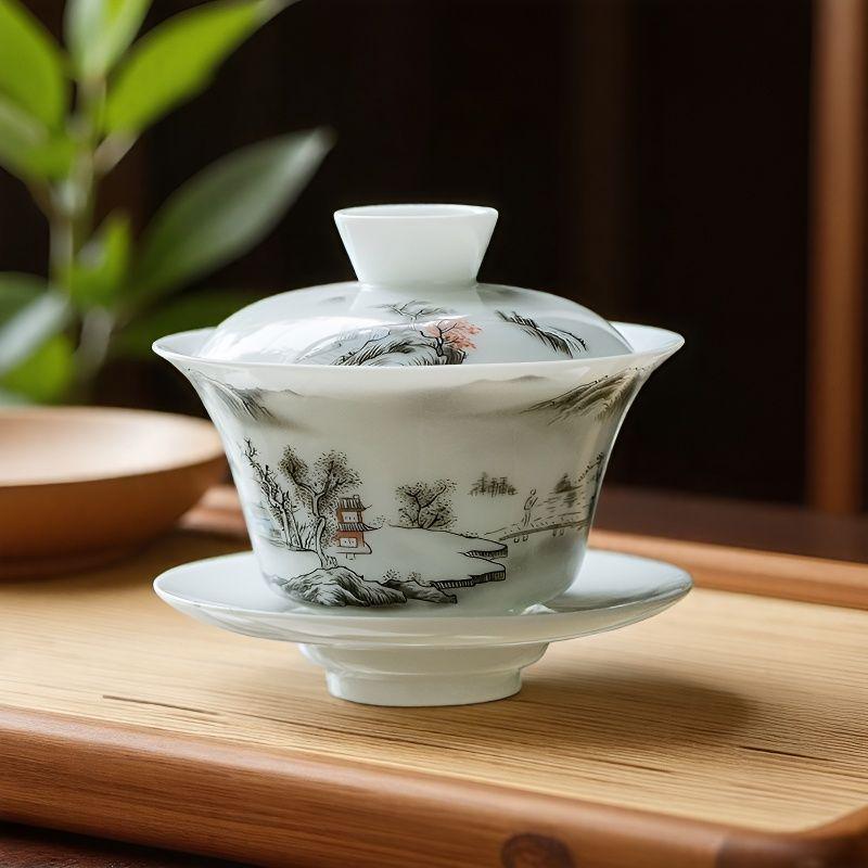 Dehua White Porcelain Landscape Gaiwan - Premium Kung Fu Tea Set with Three Talents Tea Bowl