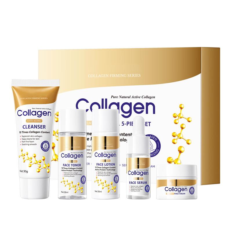 

5-Piece Anti-Aging Travel Kit with 10X Collagen - Cleanser, Toner, Lotion, Serum & Cream for Wrinkles & Firmness