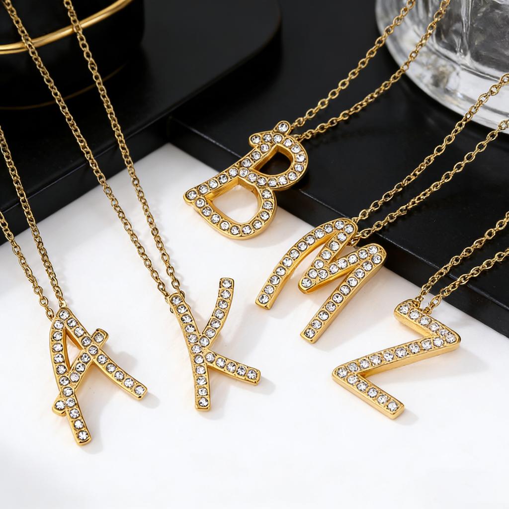 Atoztide Zircon Letter Pendant Necklace for Women Men Full Stone Alphabet Initial Name Monogram Charm Necklace Jewelry Gift