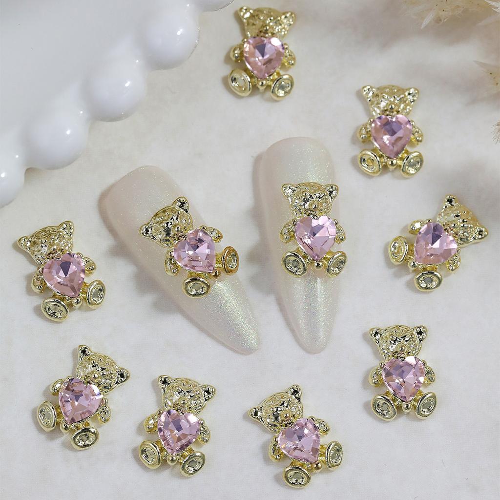 10pcs Bear Shaped Alloy Nail Jewelry Golden Sliver Bears With Pink Gold White Rhinestones Art Decorations Manicure DIY Accessori