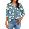 Women’s Casual Floral Print Henley Neck Cotton Linen Shirt Three Quarter Sleeve Button Front Loose Fit Blouse Top