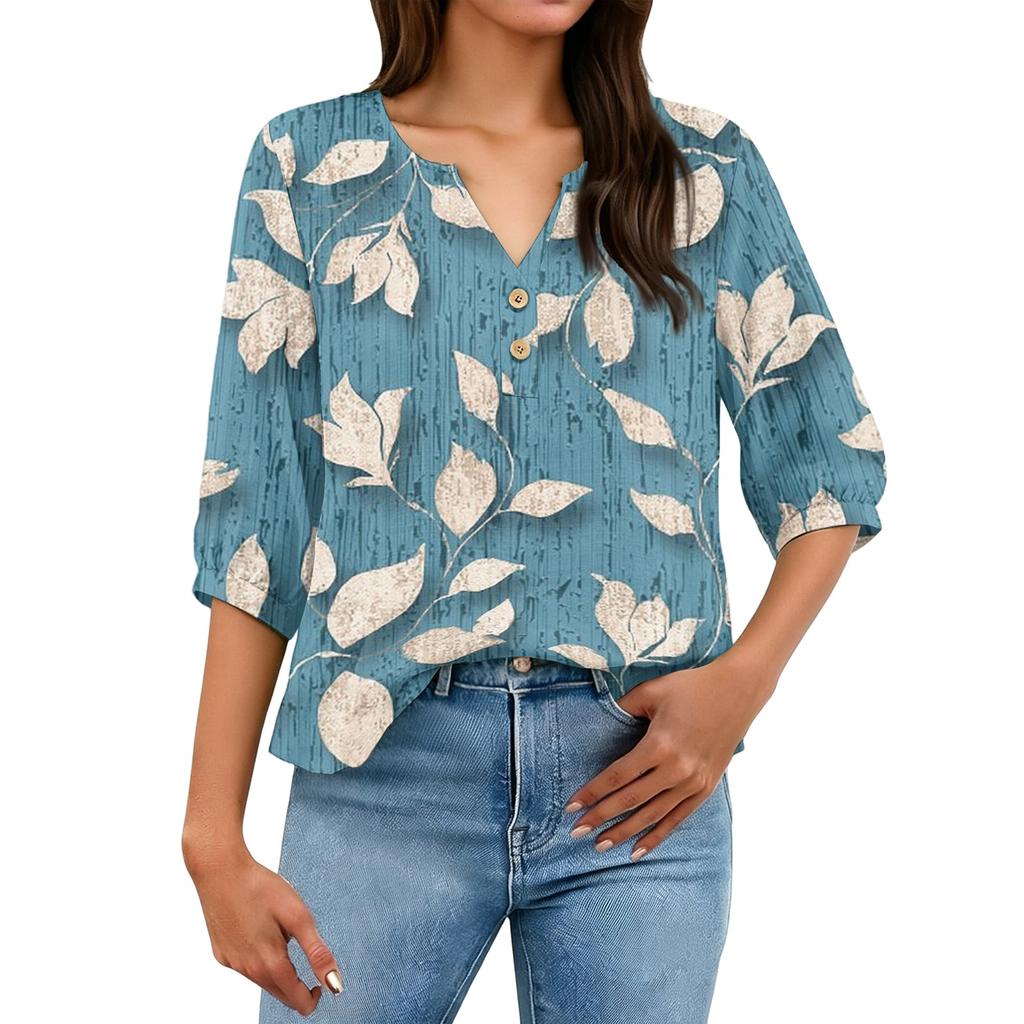 Women’s Casual Floral Print Henley Neck Cotton Linen Shirt Three Quarter Sleeve Button Front Loose Fit Blouse Top
