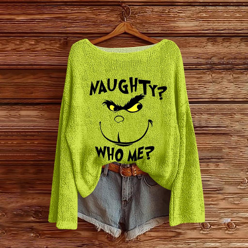 Women's Round Neck Lightweight Sweater Casual Long Sleeve Christmas Print Knit Pullover.
