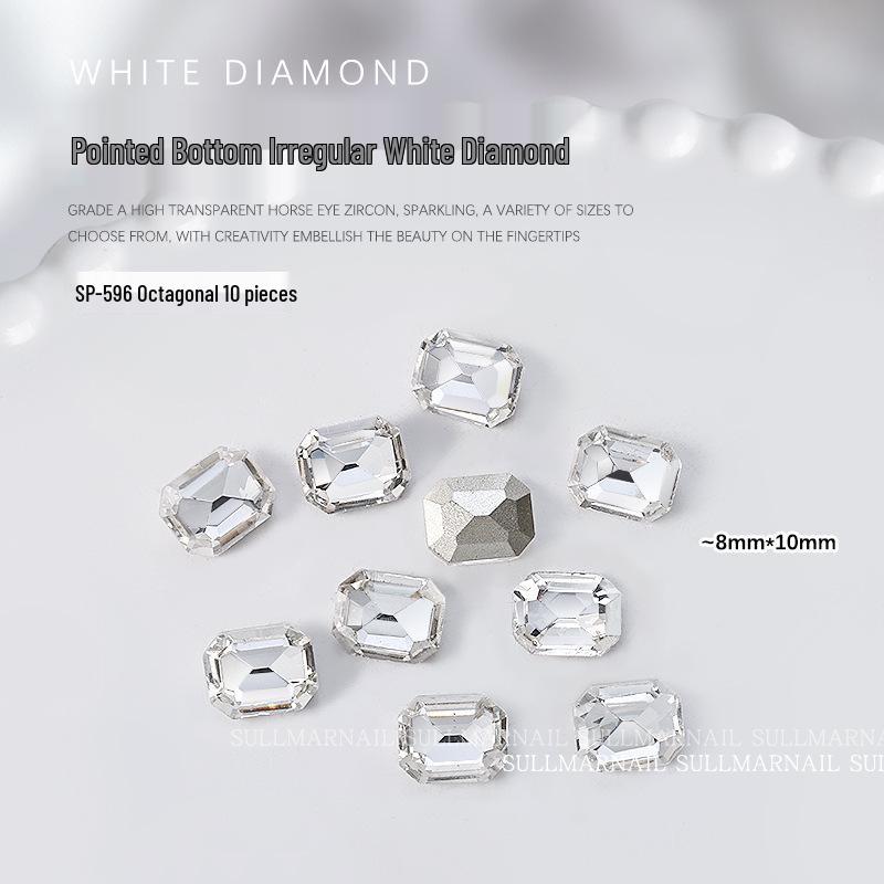 Nail Art Rhinestones Set: Heart, Crooked Heart, White Diamond, Peach Heart, Square, and Transparent Shapes (10 Pieces)