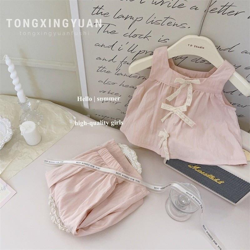 

Adorable Korean Style Girls Two Piece Outfit With Butterfly Bow Sleeveless Top And Breathable Wide Leg Pants Set For Summer Pink Set,80