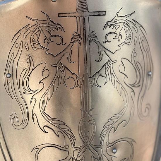 Medieval Etched Dragon Templar Shield Metal Shield Larp Cosplay  Display Shield Halloween Costume