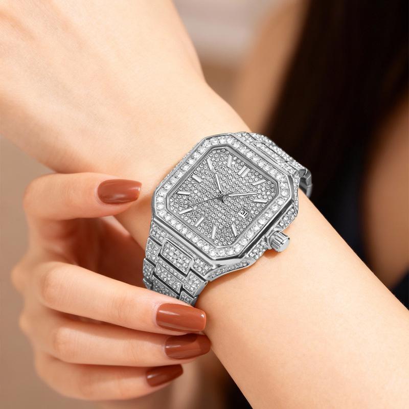 Luxury Bling Women's Watch Gold Full Paved Crystal Square Dial Quartz Wristwatch Waterproof Luminous Calendar Display