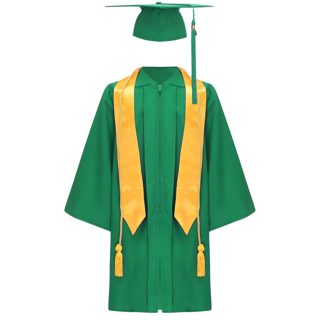 Unisex Kids Graduation Gown Set V Neck Long Sleeve Front Zipper Robe Academic Hat Stole Tassel Ceremony Outfit