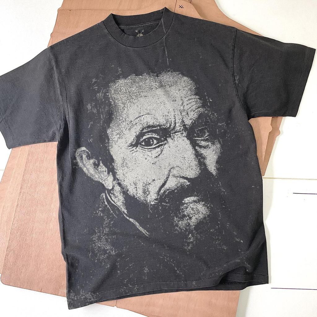 Michelangelo Portrait T-Shirt: Handmade Faded Black Cotton Unisex Tee