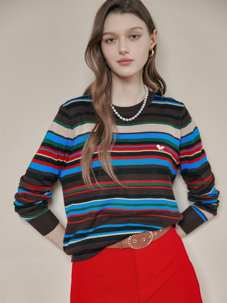 MAXZA Multi-Stripe Pattern Round Neck Knit