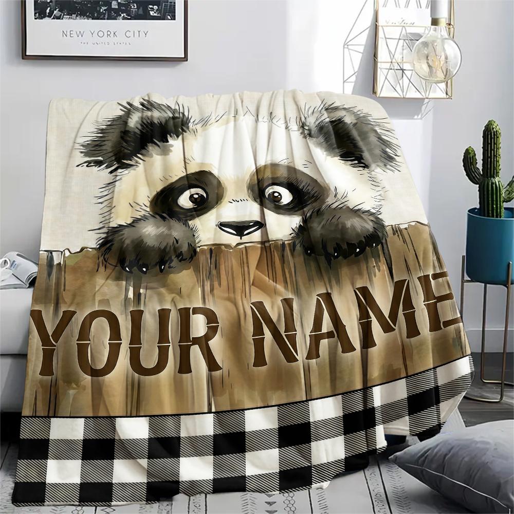 1PC Custom Name Panda Love Heart Theme Patterned Flannel Blanket Suitable For All Seasons for Home Decor Warmth and Comfort Gifts Holiday Present_lx