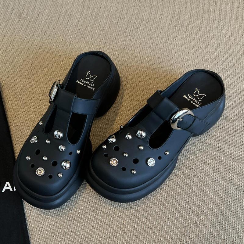 

Rivet platform Boken shoes half slippers women s outer wear 2025 summer new beach hole shoes bag head slippers women s summer 40 чёрный