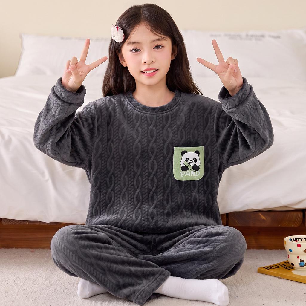 Kids Flannel Pajamas Set Boys Girls Warm Long Sleeve Top And Pants Sleepwear Winter Home Nightwear