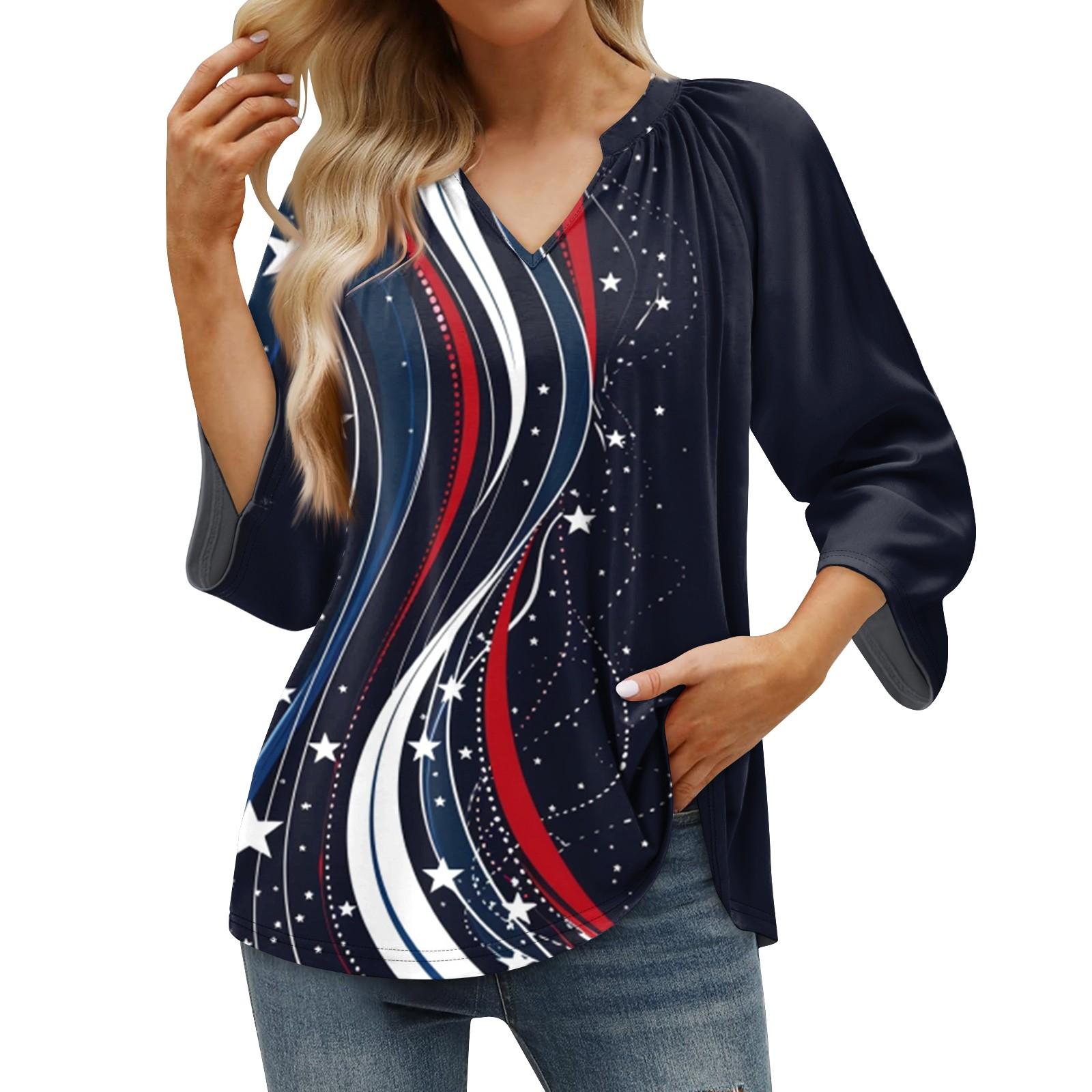 

Женская летняя повседневная футболка с рукавом 3/4 и пуловером с V-образным вырезом и принтом L чёрный