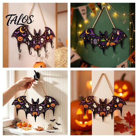 Rustic Halloween Decorations Bat Shaped Wooden Key Hook, 2D Wall Mounted Hanging Decor with Entryway Organizer Hooks Pumpkin Ghost Witch Pattern,